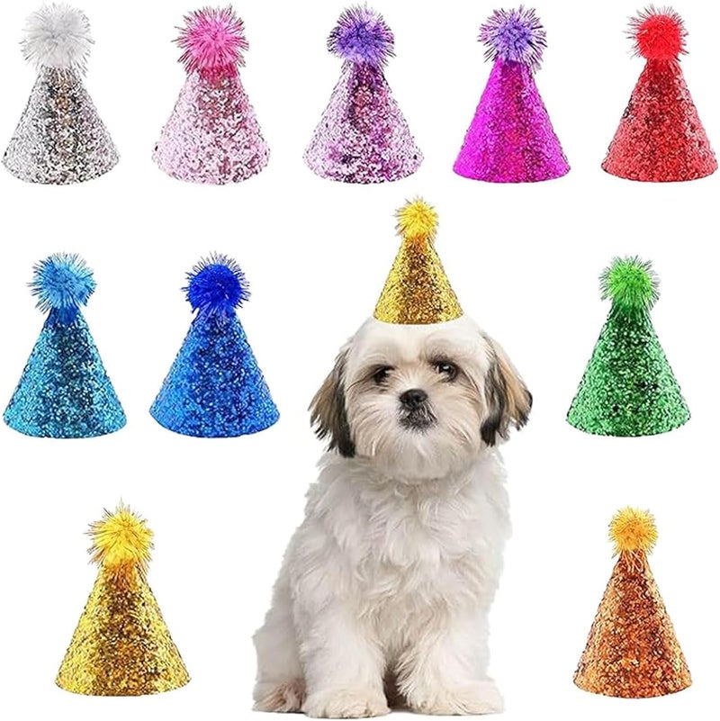 Cellcacn 10 Pcs Dog Birthday Hat Set for Small Medium Dogs Cat Puppies, Mini Party Hat with Adjustable Headbands, Cute Pet Hat with Pompons for Birthday Christmas Party Decoration Accessories (Small 4 Inch) - Image 1